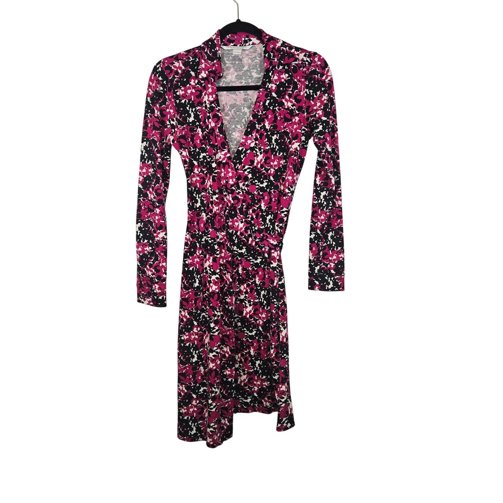 Diane von Furstenberg Pink Black Floral Cotton Silk Wrap Dress Size 2 V#41011